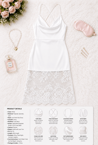 Elegant White Satin Lingerie Dress with Lace Hem - W706 - Mina Femme