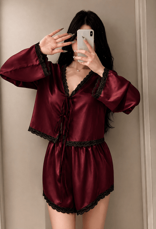 Elegant Wine Satin Pajama Set Lace Trim - W666 - Mina Femme