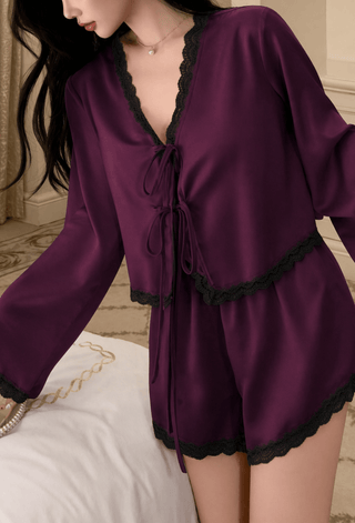 Elegant Wine Satin Pajama Set Lace Trim - W666 - Mina Femme