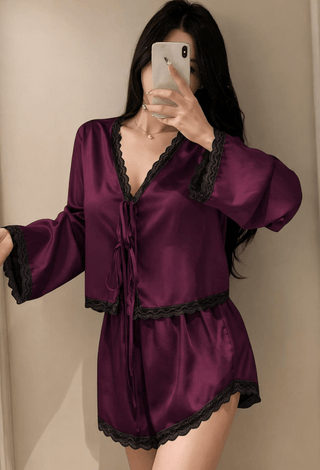 Elegant Wine Satin Pajama Set Lace Trim - W666 - Mina Femme