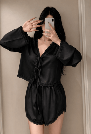Elegant Wine Satin Pajama Set Lace Trim - W666 - Mina Femme