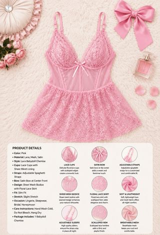 Feminine Pink Lace & Tulle Babydoll Lingerie - R421 | Mina Femme - Mina Femme