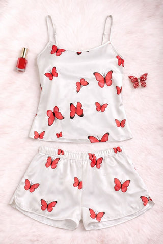 Feminine Satin Pajama Set with Butterfly Print - W651 - Mina Femme