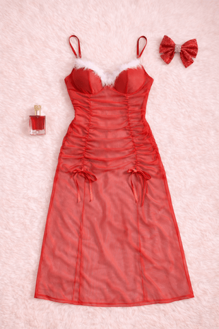 Festive Red Santa Tulle Lingerie – Sheer Christmas Night Dress - Ch 156 | Mina Femme - Mina Femme