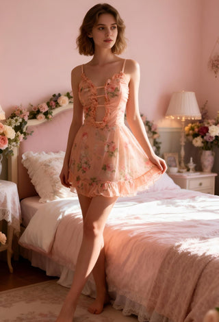 Floral Tulle Babydoll Lingerie – Soft Pink - Eve 7005 - Mina Femme