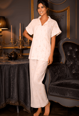 Ivory Blossom Button-Up Pajama Set | Women's Floral Polyester Sleepwear- Perfect 7505 | Mina Femme - Mina Femme
