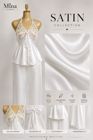 Ivory Butterfly Satin Pajama Set - W528 - Mina Femme