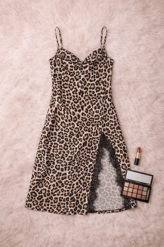 Leopard Print Satin Nightdress for Women | Elegant Lace Trim Slip Dress – W659 - Mina Femme