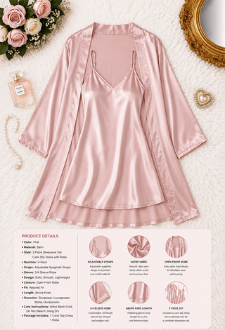 Luxury Blush Satin Robe and Nightgown Set - W454 | Mina Femme - Mina Femme