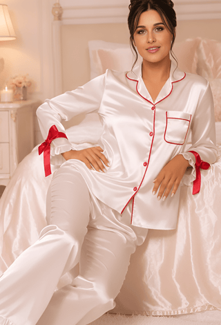 Luxury Bridal Satin Pajama Set | White Wedding Sleepwear - W535| Mina Femme - Mina Femme