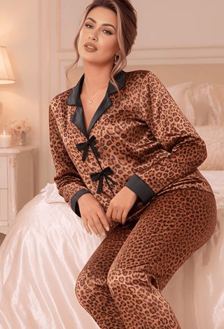 Luxury Leopard Print Satin Pajama Set for Women | Mina Femme - W660 - Mina Femme
