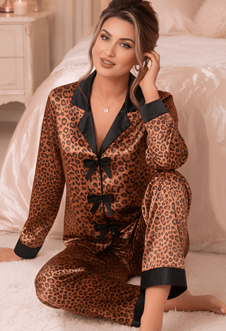 Luxury Leopard Print Satin Pajama Set for Women | Mina Femme - W660 - Mina Femme