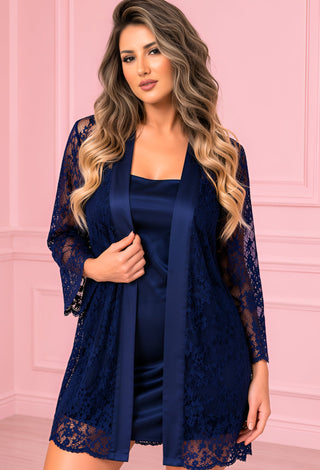 Luxury Navy Satin Nightwear Set with Lace Robe - W451 - Mina Femme