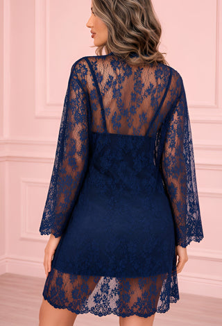 Luxury Navy Satin Nightwear Set with Lace Robe - W451 - Mina Femme