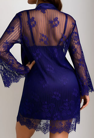 Luxury Navy Satin Nightwear Set with Lace Robe - W451 - Mina Femme