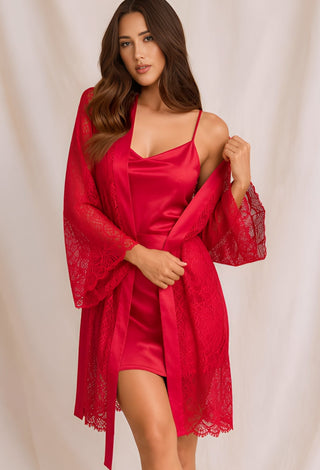 Luxury Navy Satin Nightwear Set with Lace Robe - W451 - Mina Femme