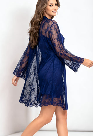 Luxury Navy Satin Nightwear Set with Lace Robe - W451 - Mina Femme