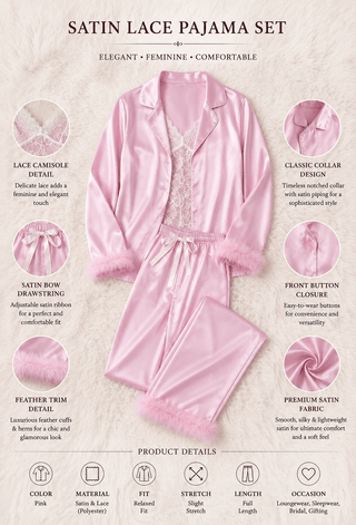 Luxury Pink Satin Pajama Set 3 Pieces with Lace Top - W673 - Mina Femme
