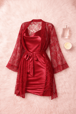 Luxury Red Satin Lingerie with Lace Robe - W682 | Mina Femme - Mina Femme