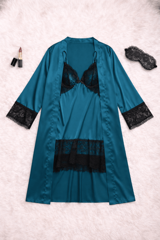 Luxury Satin Lace Nightgown with Matching Robe – Two-Piece Sleepwear Set W600 | Mina Femme - Mina Femme