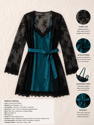 Luxury Satin Nightdress with Lace Robe - W487 | Mina Femme - Mina Femme