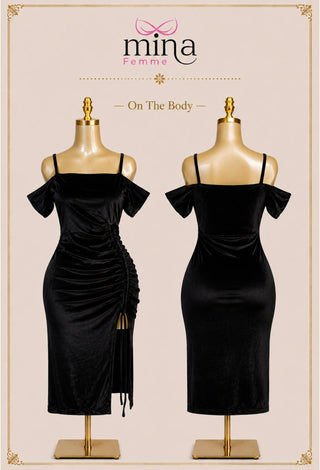 Midnight Allure Black Velvet Ruched Midi Dress - Snow 3520 - Mina Femme