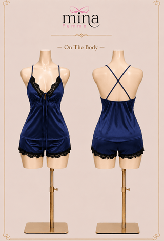 Midnight Lace Satin Short Pajama Set – Wire-Free & Non-Padded - W712 - Mina Femme