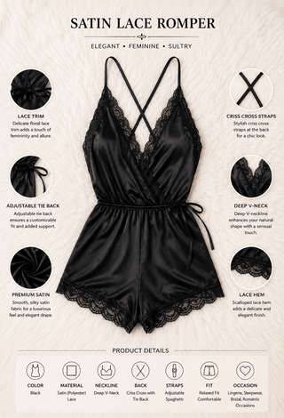 Midnight Satin Lace Romper - Luxury Satin & Lace Sleepwear for Women - W355 | Mina Femme - Mina Femme