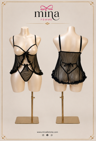 Open Front Black Sheer Tulle Lingerie Set - R246