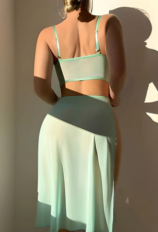 Mint Lace Two Piece Lingerie Set with High Slit Skirt - R388 - Mina Femme