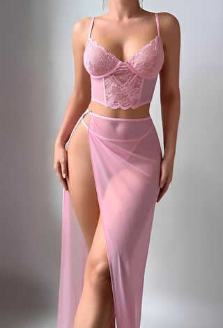 Mint Lace Two Piece Lingerie Set with High Slit Skirt - R388 - Mina Femme