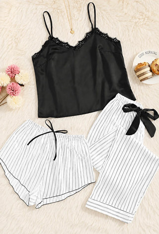 Monarch Noir 3-Piece Satin Pajama Set – Luxury Women's Satin Sleepwea - W020 - Mina Femme