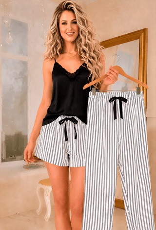Monarch Noir 3-Piece Satin Pajama Set – Luxury Women's Satin Sleepwea - W020 - Mina Femme