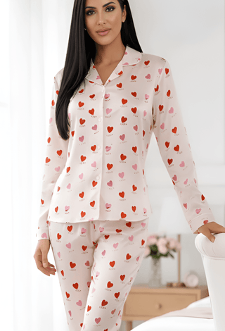 Morning Love Cute Heart Print Long Sleeve Pajama Set - W614 | Mina Femme - Mina Femme