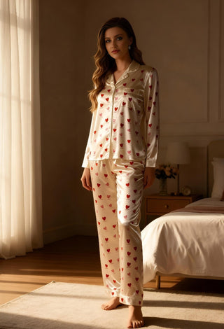 Morning Love Cute Heart Print Long Sleeve Pajama Set - W614 | Mina Femme - Mina Femme