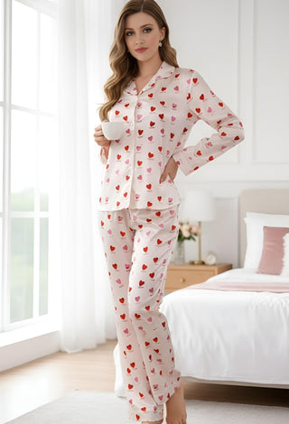 Morning Love Cute Heart Print Long Sleeve Pajama Set - W614 | Mina Femme - Mina Femme
