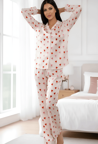 Morning Love Cute Heart Print Long Sleeve Pajama Set - W614 | Mina Femme - Mina Femme