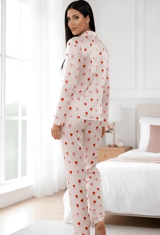 Morning Love Cute Heart Print Long Sleeve Pajama Set - W614 | Mina Femme - Mina Femme
