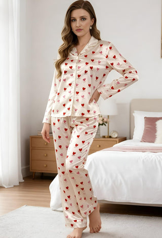Morning Love Cute Heart Print Long Sleeve Pajama Set - W614 | Mina Femme - Mina Femme