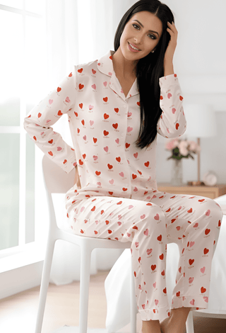 Morning Love Cute Heart Print Long Sleeve Pajama Set - W614 | Mina Femme - Mina Femme