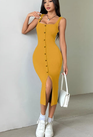 Mustard Egyptian Cotton Button Midi Dress - Femme 4046 - Mina Femme