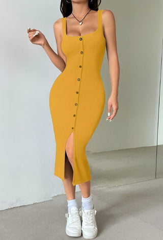 Mustard Egyptian Cotton Button Midi Dress - Femme 4046 - Mina Femme