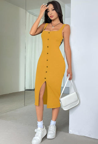 Mustard Egyptian Cotton Button Midi Dress - Femme 4046 - Mina Femme
