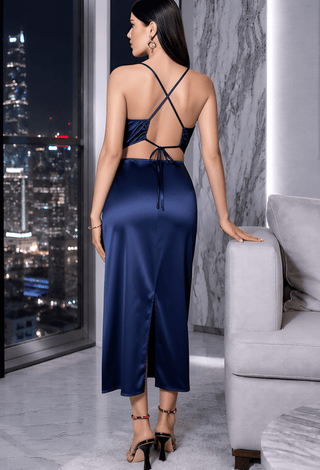 Navy Blue Satin Midi Dress | Elegant Evening Slip Dress - W507 | Mina Femme - Mina Femme
