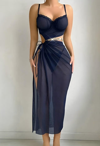 Navy Sheer Tulle Push-Up Lingerie Dress – Side Slit - R385 - Mina Femme