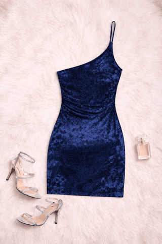 Navy Velvet Asymmetric Mini Dress for Women - Snow 3484 - Mina Femme