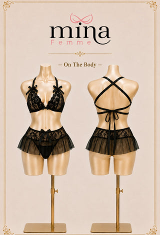 Noir Bow Black Tulle & Lace Lingerie Set – Non-Padded & Wireless - R581 - Mina Femme