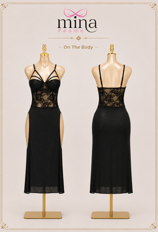Noir Desire Push-Up Butter Fabric & Lace Maxi Lingerie Dress - JOLY 2368 - Mina Femme