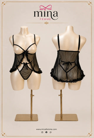 Open Front Black Sheer Tulle Lingerie Set - R246 - Mina Femme