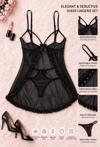Open Front Black Sheer Tulle Lingerie Set - R246 - Mina Femme